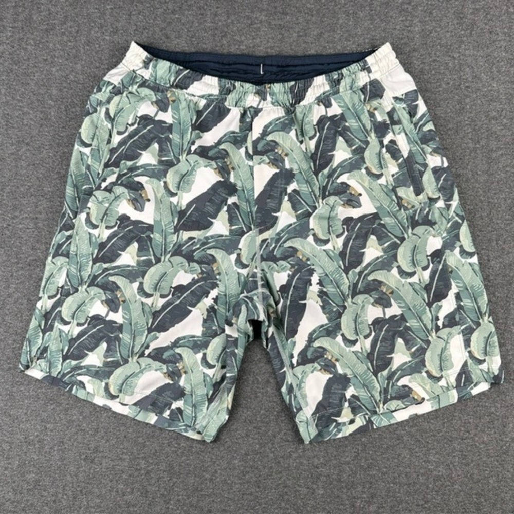 Birddogs Mens L Long Lined Gym Shorts Tropical Banana Leaf Print Green Navy